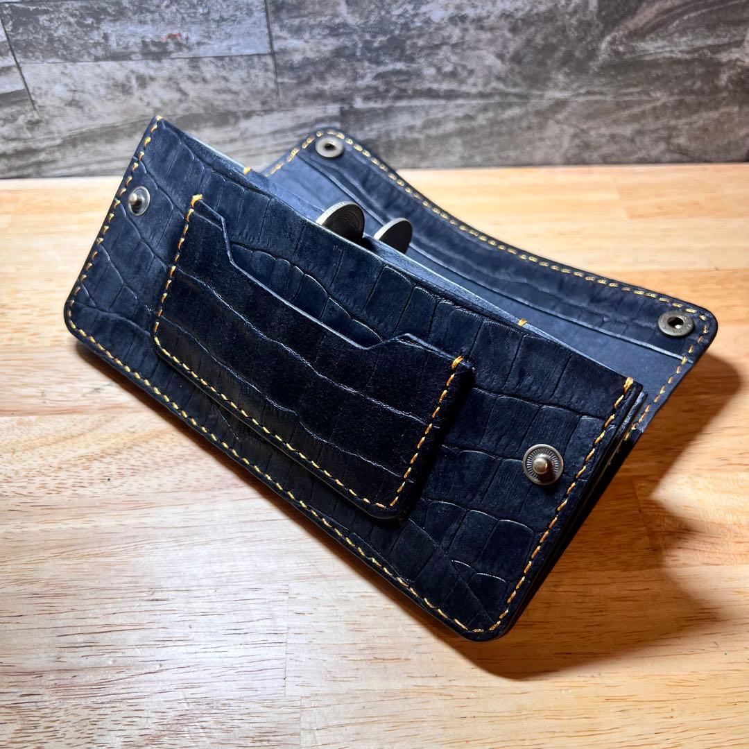 【本革•総手縫】テンダーロインインスパイア ロングトラッカーウォレット クロコ黒