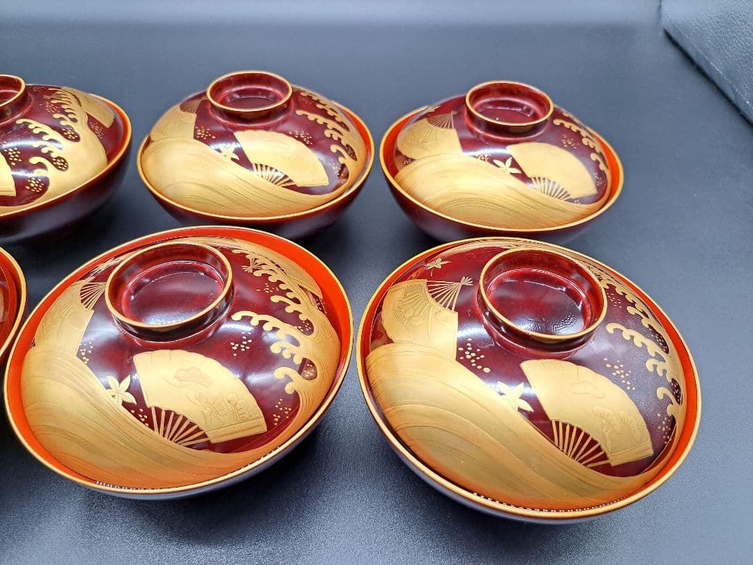 時代木製漆器　紅葉波に扇子見返し蒔絵　吸物椀　汁椀　懐石道具　6客揃　大正時代