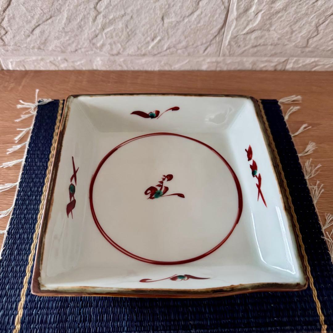 〈未使用木箱付〉廣永窯 赤絵草実文額皿 陶器 川喜田半泥子