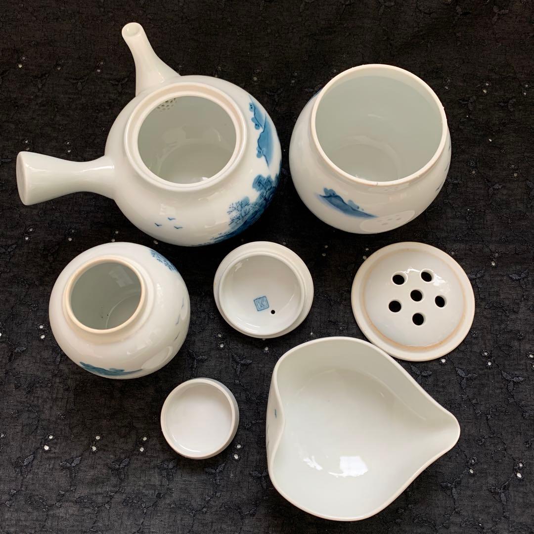 陶磁器 鍋島焼 茶器揃い 宝瓶・湯冷まし・玉露茶碗 染付 『畑萬』銘 陶磁器