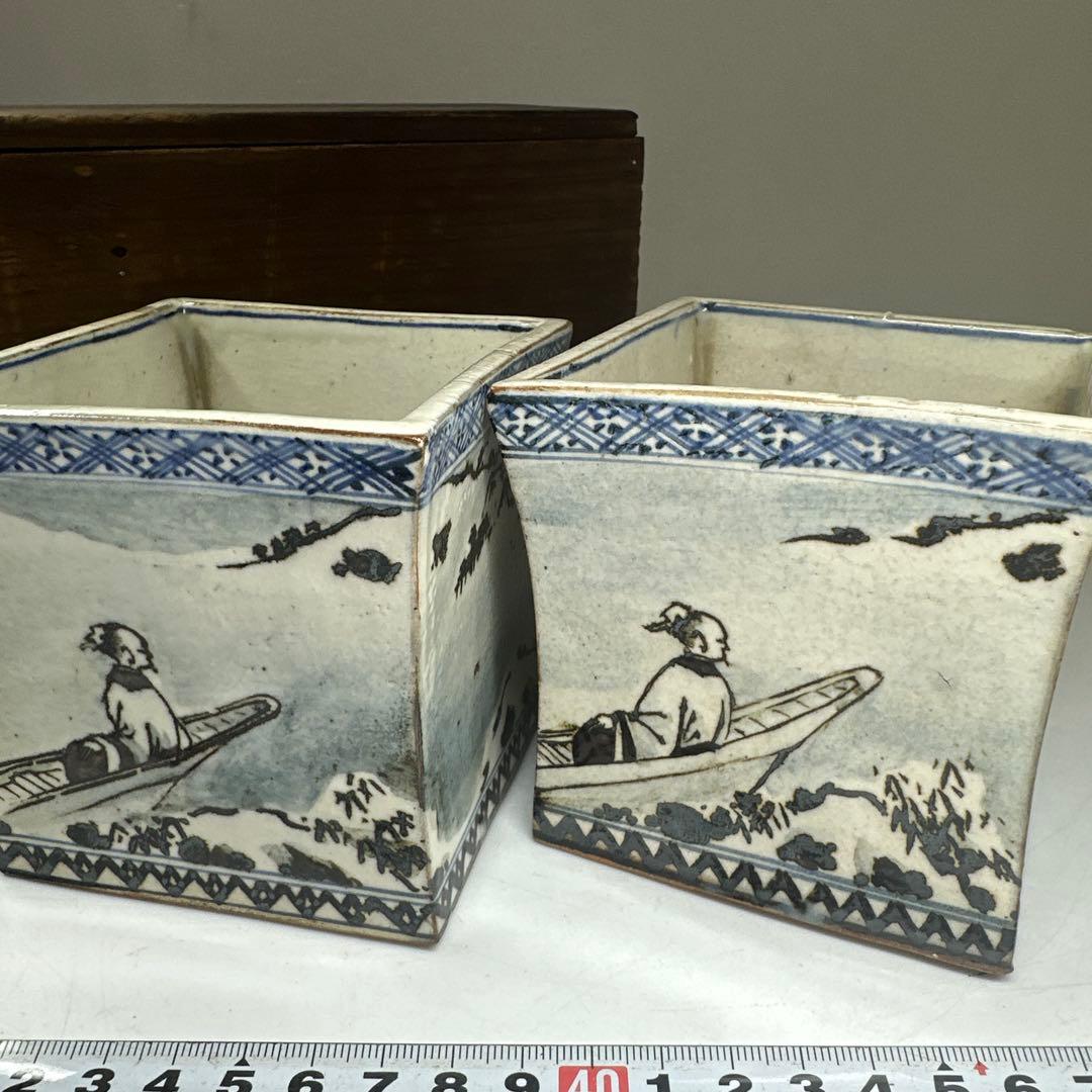 乾山作 雪景山水火入 一対 木箱付 幅約9㎝ 本Y7-