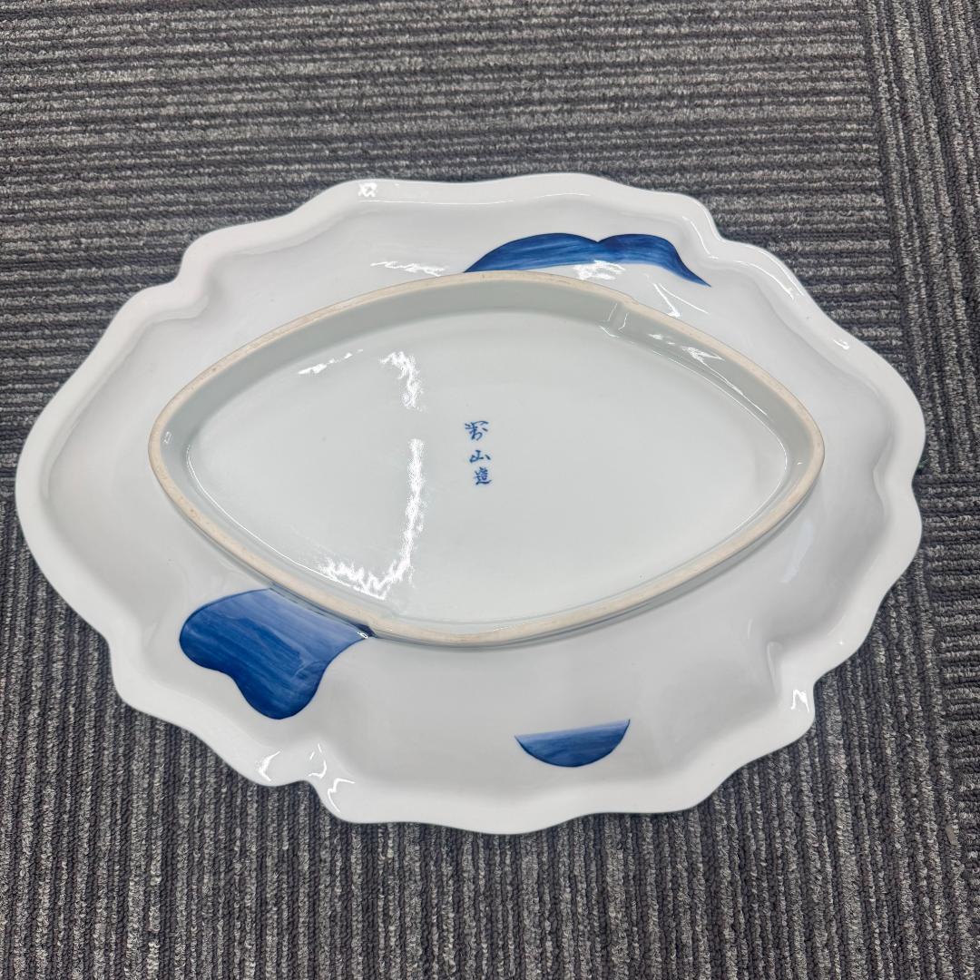 藍鍋島流水鷺図 大皿 飾り皿 浮彫 浪形皿 共箱 45cm