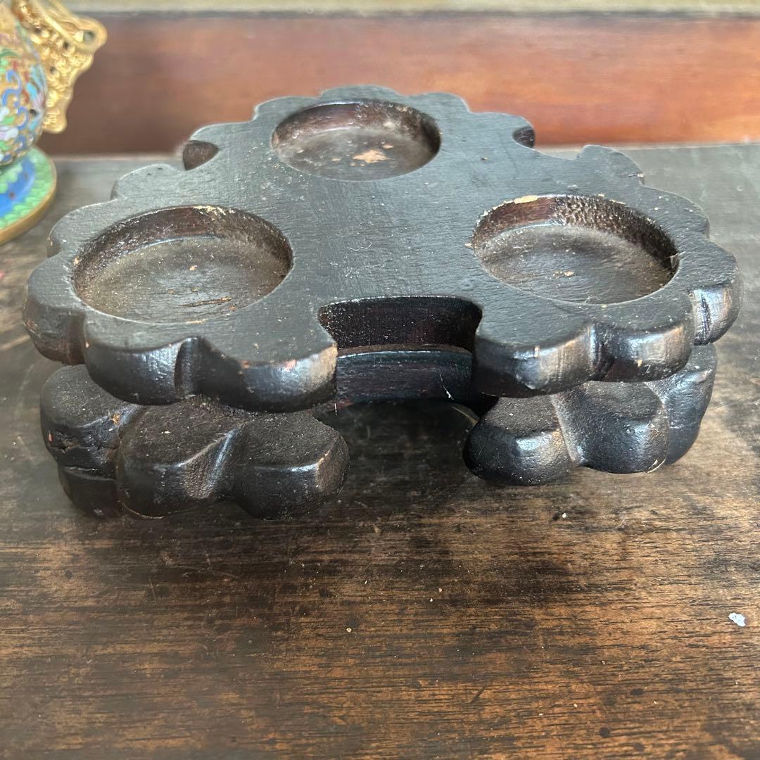 ヴィンテージ ◆ 《景泰藍》三つ脚七宝唐草香炉 輪耳 木製台座付き