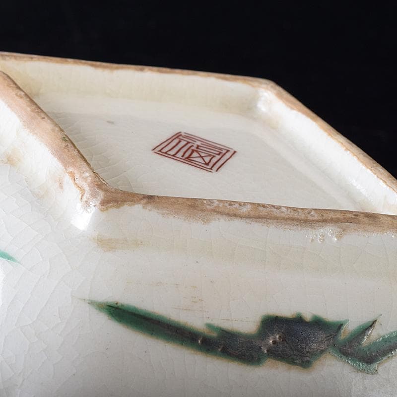 九谷焼　色絵　鳥草文　菱形中皿　五客　時代箱付　M　R8296