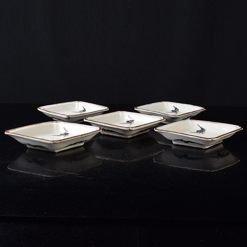 九谷焼　色絵　鳥草文　菱形中皿　五客　時代箱付　M　R8296