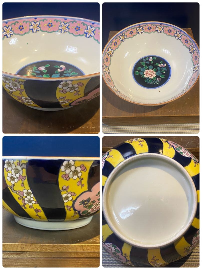 中国美術　色絵　窓絵吉祥紋　大中小　８寸・９寸・1尺　鉢　深鉢　3鉢揃い　木箱