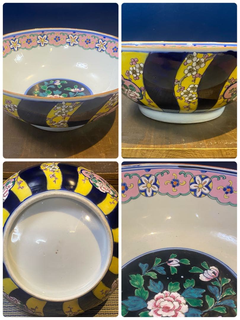 中国美術　色絵　窓絵吉祥紋　大中小　８寸・９寸・1尺　鉢　深鉢　3鉢揃い　木箱