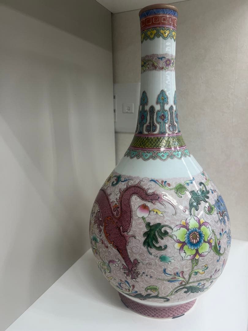 中国乾隆年製長頸瓶骨董唐物アンティーク古美術江戸青磁手描きドラゴン模様の陶器瓶