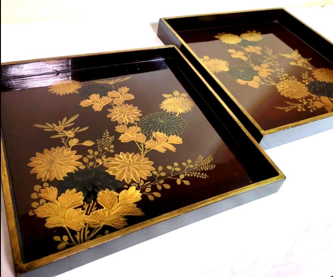 【最終価格】【時代物:文政】金蒔絵 草花文 角盆 2枚揃 共箱付　封書付