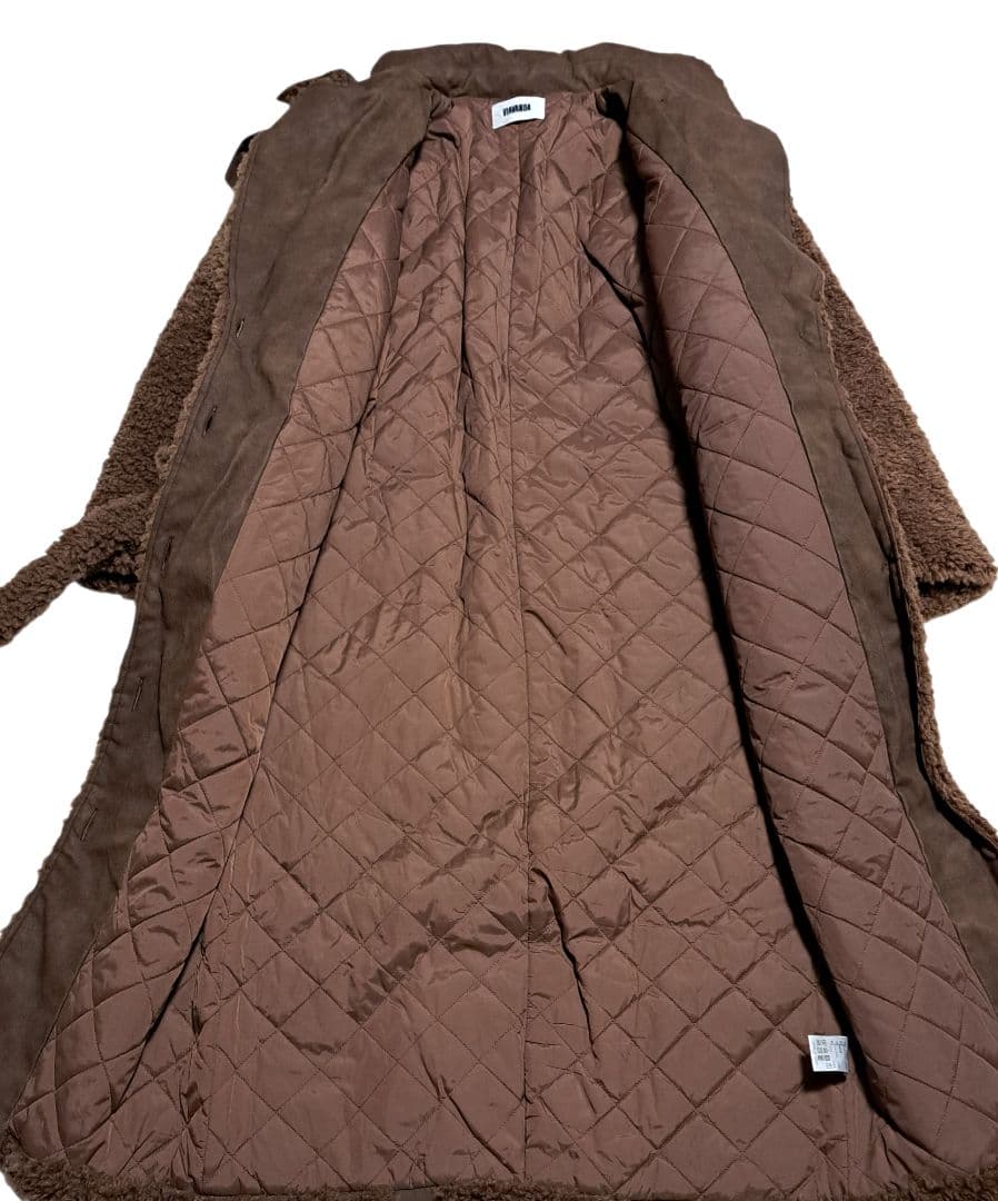 極美品 VIAVANDA ブラウン フリース ロングコート ウエストベルト付