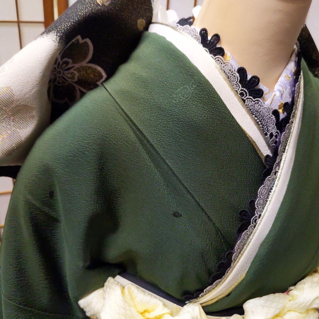 454シンプル モスグリーン【山本寛斎正絹振袖8点フルセット】成人式卒業式