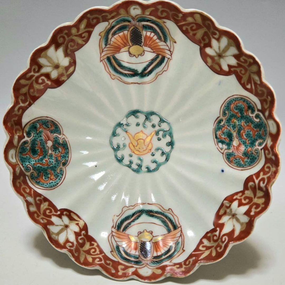 M-1259 古伊万里色絵　波兎とふくら雀紋様青磁　菊花皿