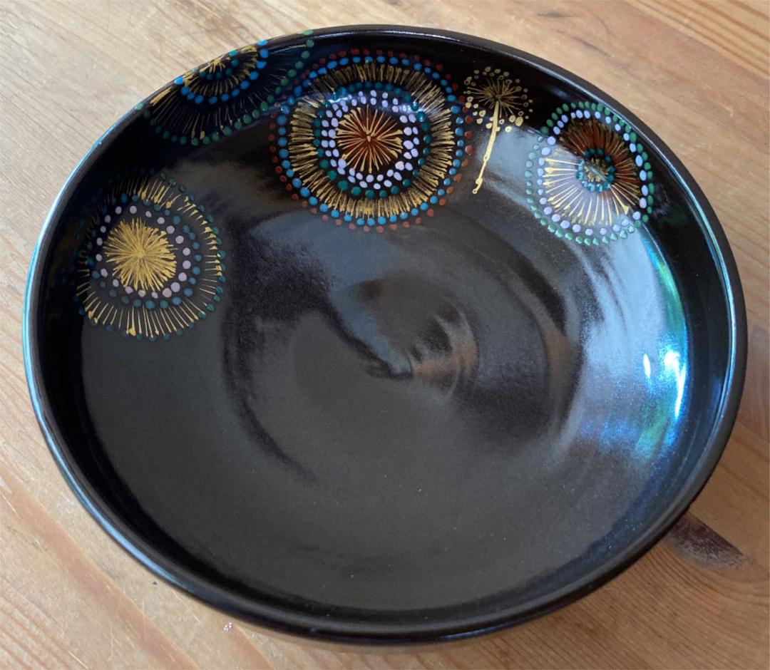 [茶道具]弘艸造　黒釉花火絵茶碗(共箱) ○