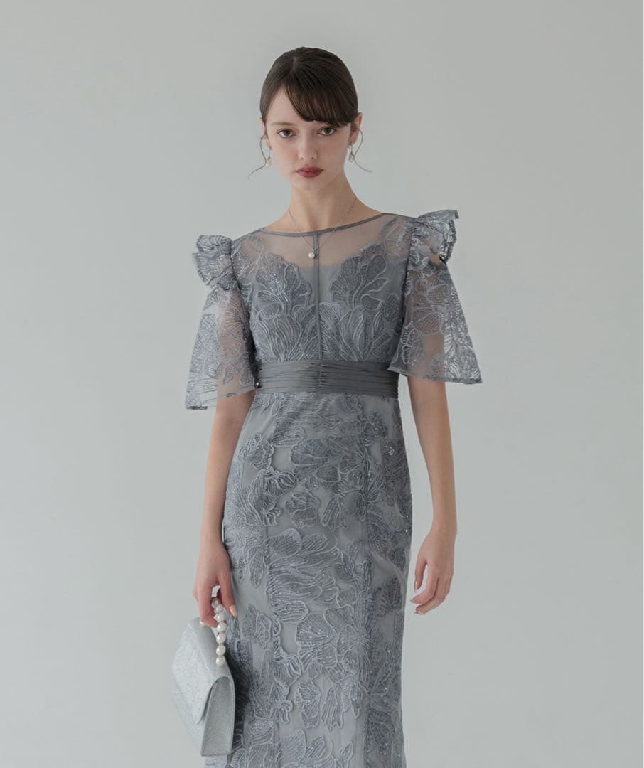 【Leja】フラワーレースシアーフリルマーメイドワンピースドレス