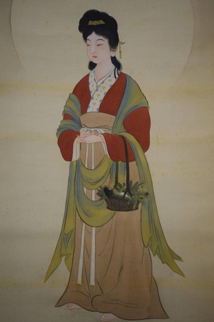 真作/夜久臥橋/魚籃観音像図/美人画/桐共箱付/布袋屋掛軸HI-458