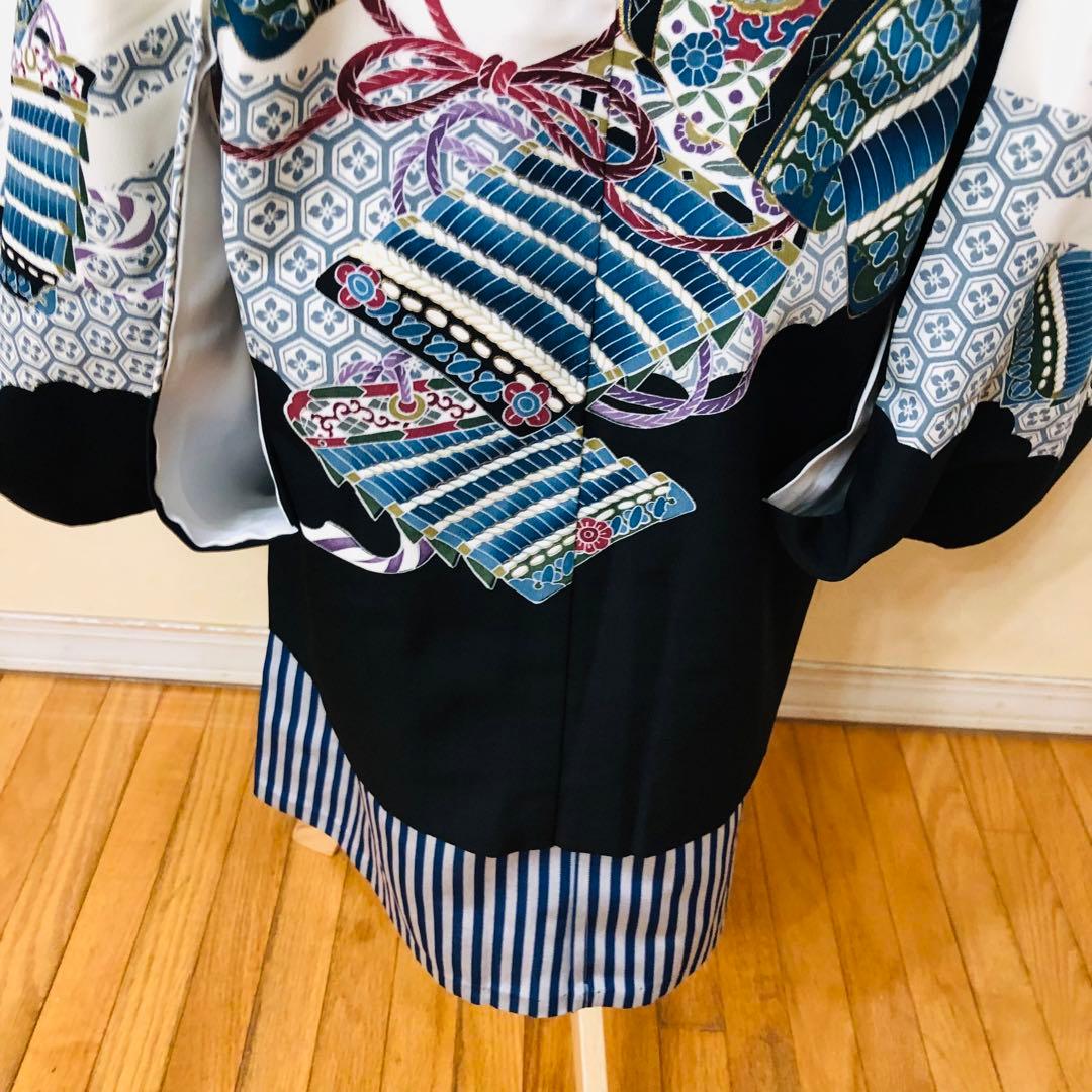 七五三５歳完全フルセット‼️豪華黒地系兜金彩煌びやか⭐︎袴縞スタイルアップ人気銘品