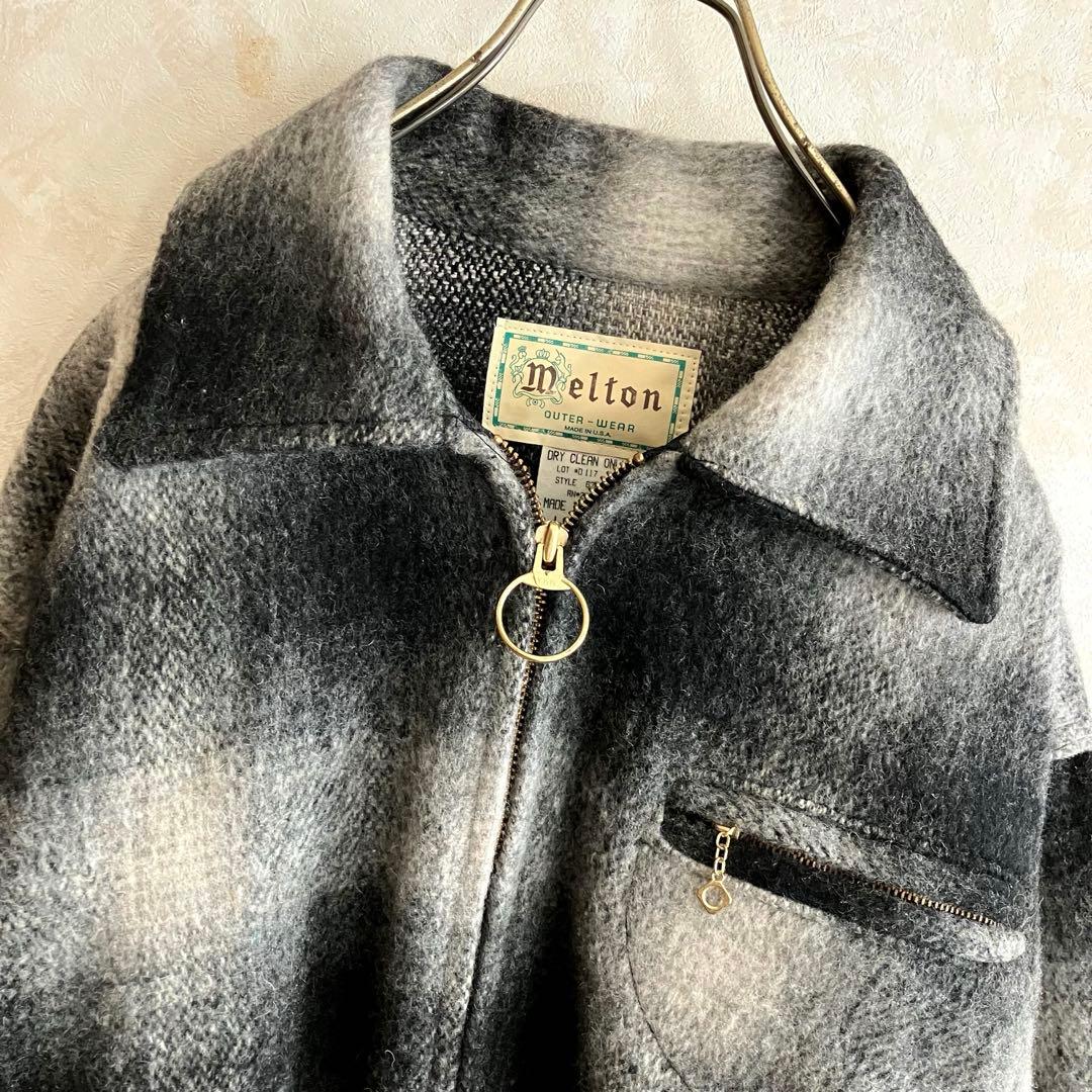 極美品 70's USA製 メルトン オンブレチェックJKT 黒 L