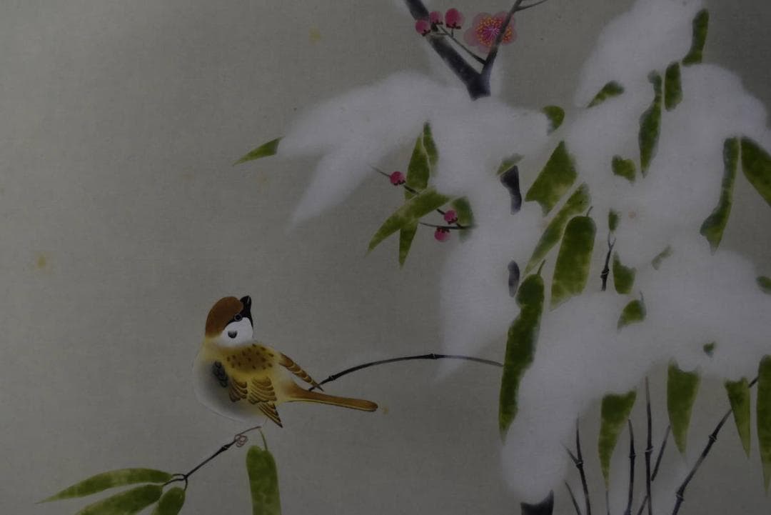 【真作】稲葉桑文/紅梅に雀図/雪梅小禽図/掛軸/名家伝来/AA-308