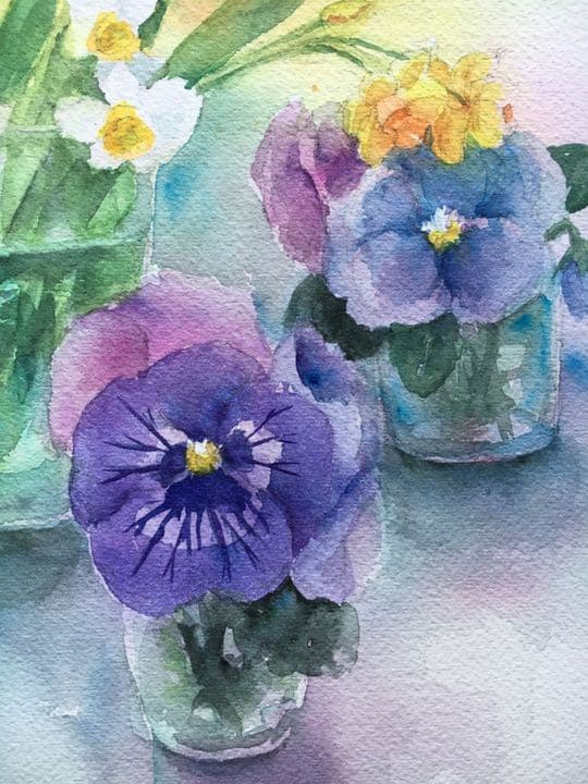 水彩画原画水仙とパンジー春のガーデン 透明水彩原画パンジー春の花