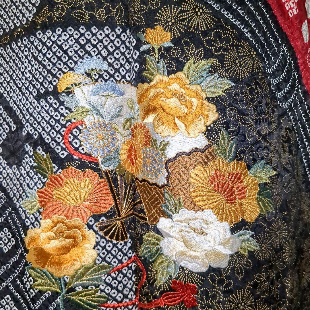 正絹振袖 絞り 駒刺繍 扇流水花文 金彩 振袖セット 振袖フルセット 赤黒