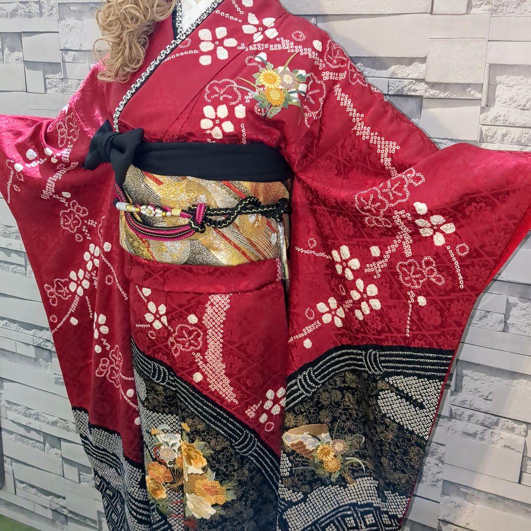 正絹振袖 絞り 駒刺繍 扇流水花文 金彩 振袖セット 振袖フルセット 赤黒