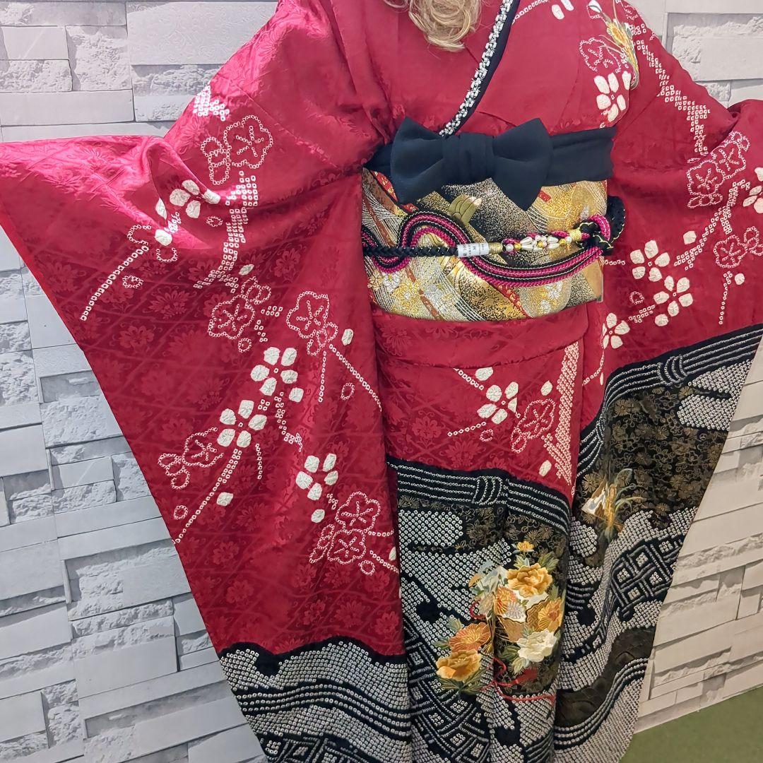正絹振袖 絞り 駒刺繍 扇流水花文 金彩 振袖セット 振袖フルセット 赤黒