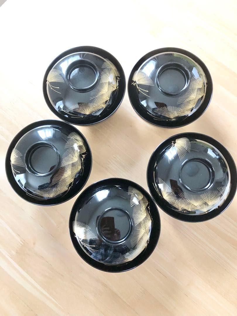 【輪島塗】【希少】木製漆器 吸物椀 蓋付き（見開きまで模様付き）5客セット