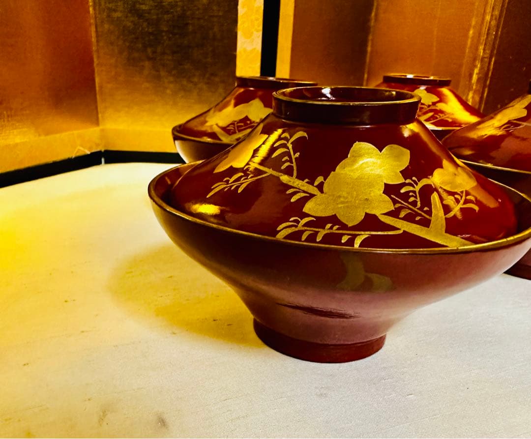 輪島塗木製　お椀　吸物椀　本金　骨董　時代蒔絵 ５脚G53