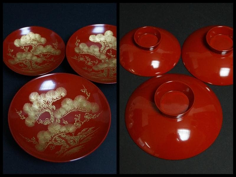 輪島塗 木製御屠蘇セット金蒔絵沈金『松竹梅鶴亀』銚子/杯(3客)/