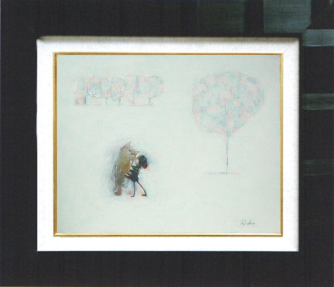 油絵 菅家令子 絵 絵画インテリア額付(銀) F4-090818 子猫子犬女の子