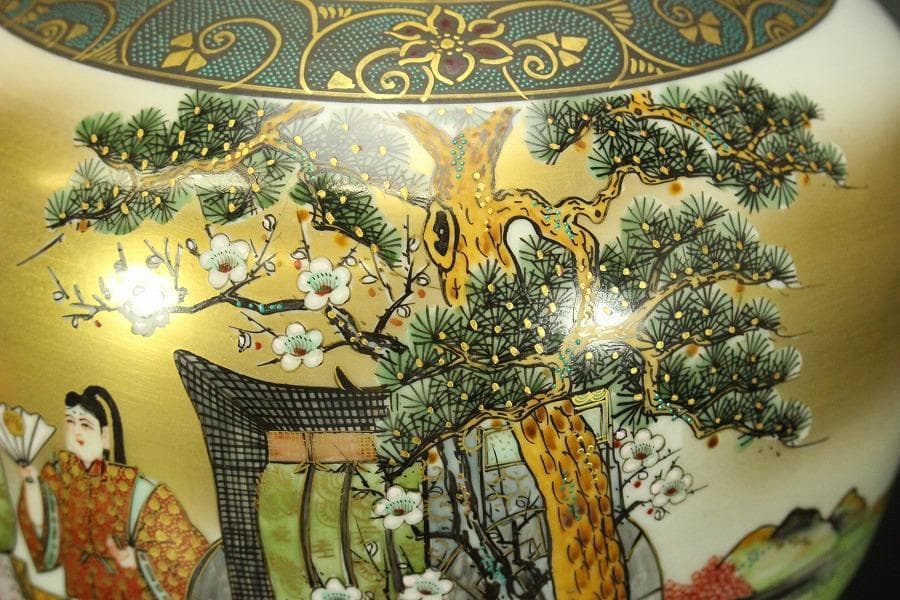 九谷 青粒 金彩色絵 人物紋 壷 共箱 φ23cm(LC653)