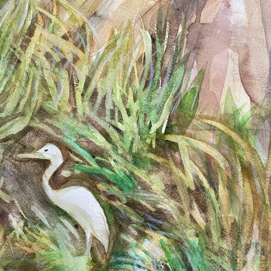 水彩画　川辺の一羽の鳥