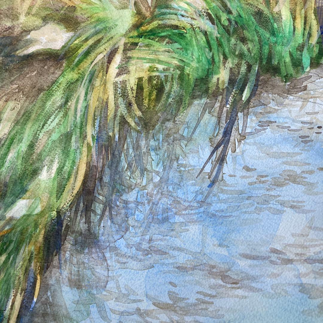 水彩画　川辺の一羽の鳥