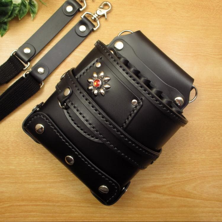 フラワースタッズ装飾　ブラック　６丁　本革シザーケース　SCA-208/CKA