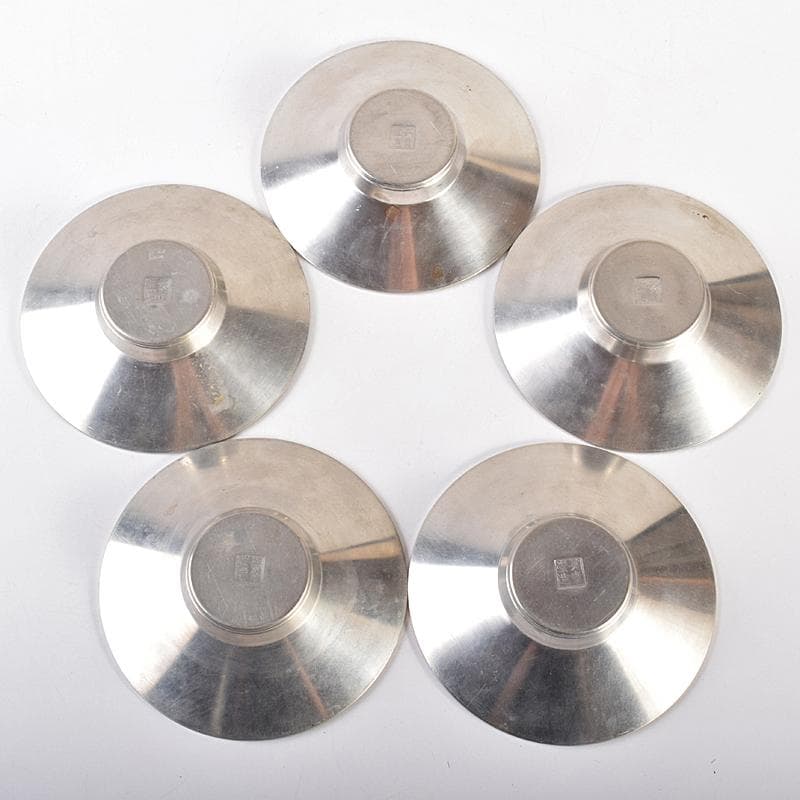 煎茶道具　平安　英青堂造　純錫園式茶托　五客　合計約588g　共箱　MR7702