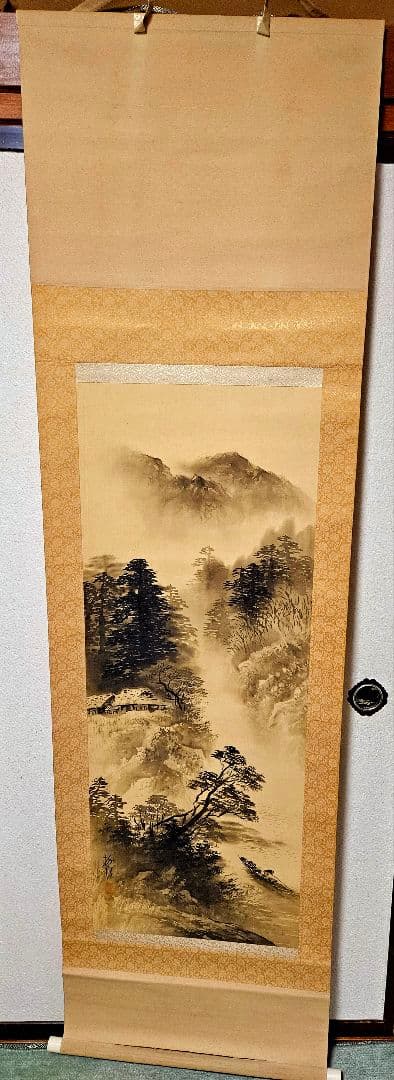 掛軸 山水画 掛軸「水墨山水」前田深青 尺五立（A-333） - 伽楠（かなん） 水墨画