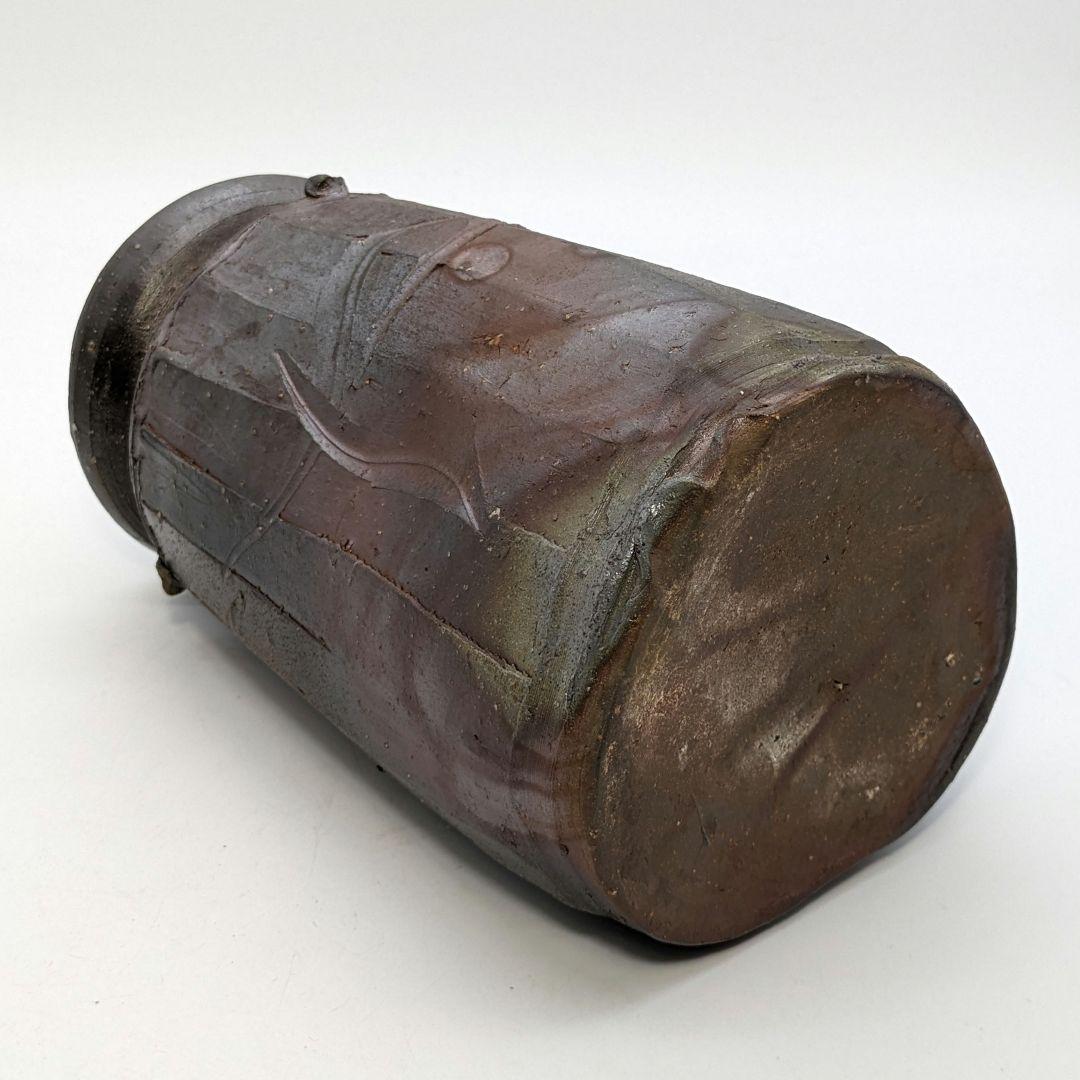 西川政美 備前焼 三角面取擂座花入 共箱共布栞 花器 花瓶 フラワー