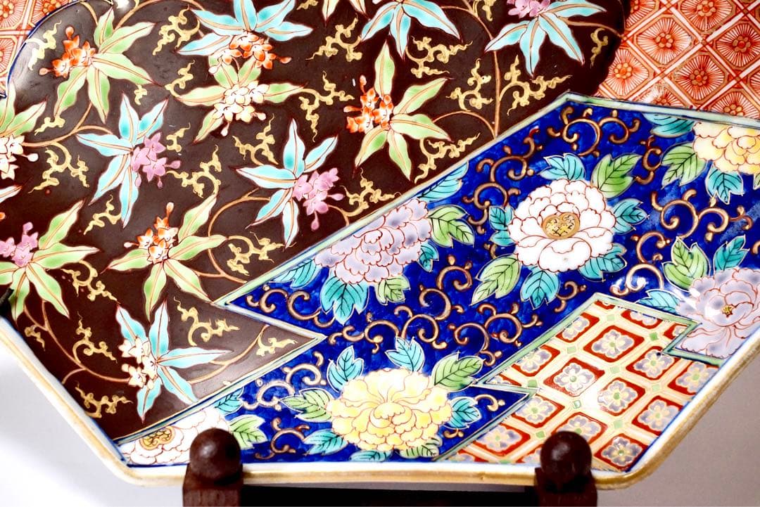 深川栄左衛門 染錦草花有職文扇形大皿 幕末 明治 香蘭社 深川製磁 有田