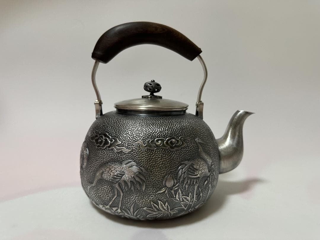 極上純銀製 仙鶴雲花文様 高工芸 湯沸 銀瓶 煎茶道具 重量1521g