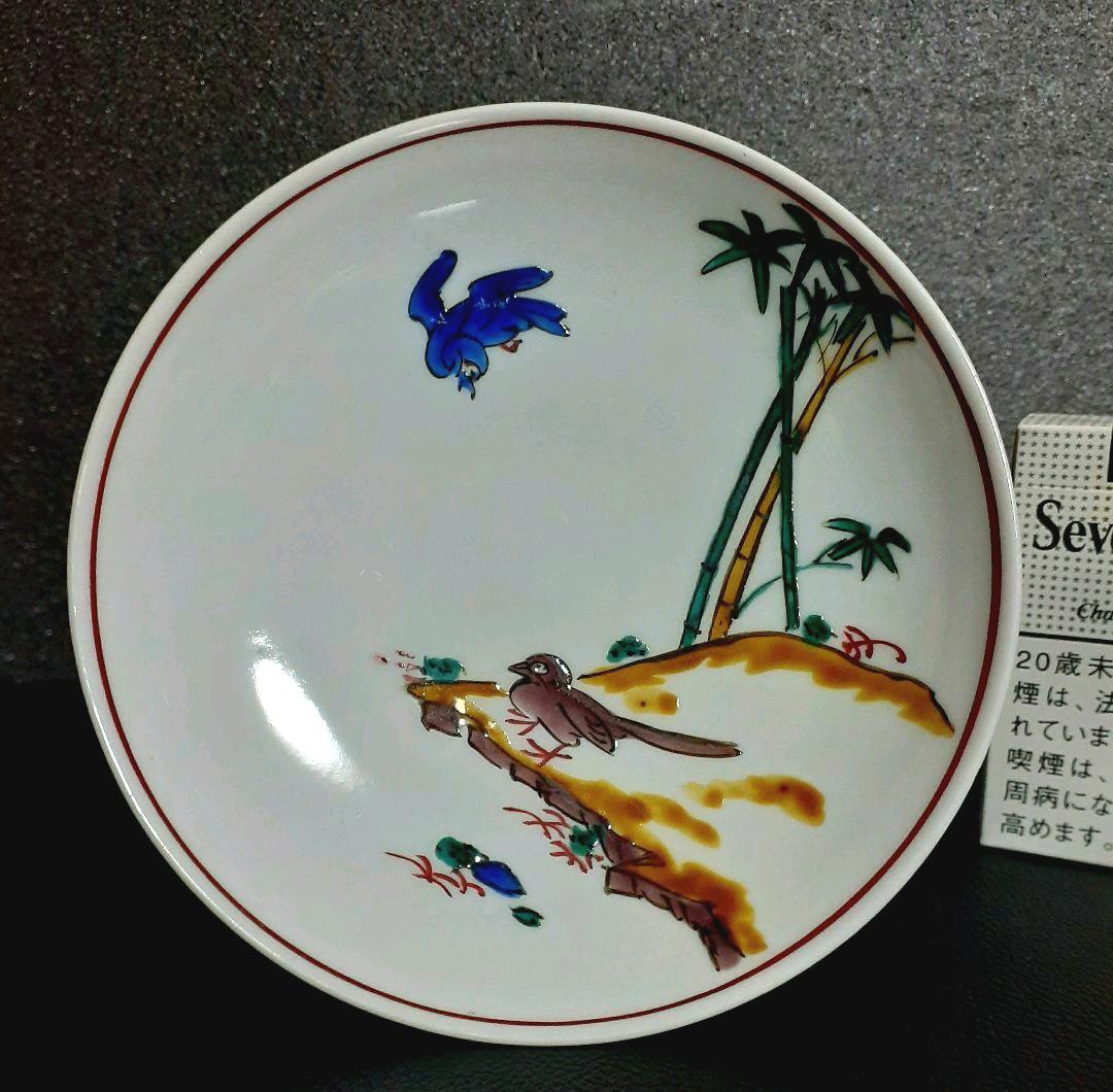 江戸時代末期～明治時代江戸前期古九谷写し色絵扇面形松竹梅に鳥の図皿