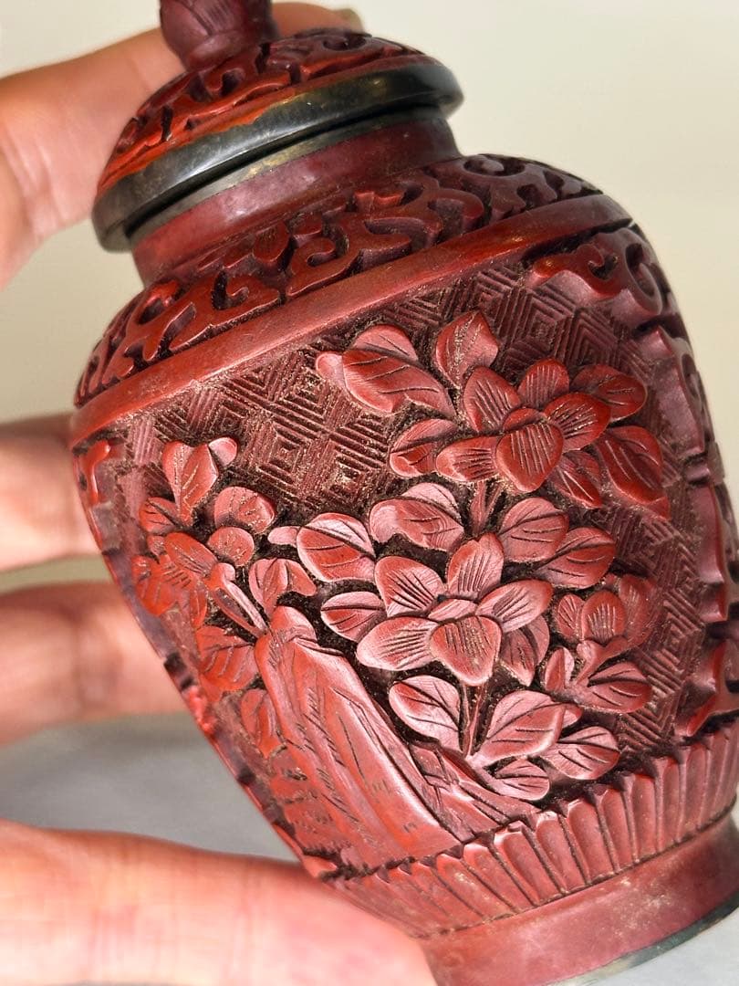 民国時代 剔紅 堆朱 壺 茶入 蓋付 彫漆文 時代物 中国古美術