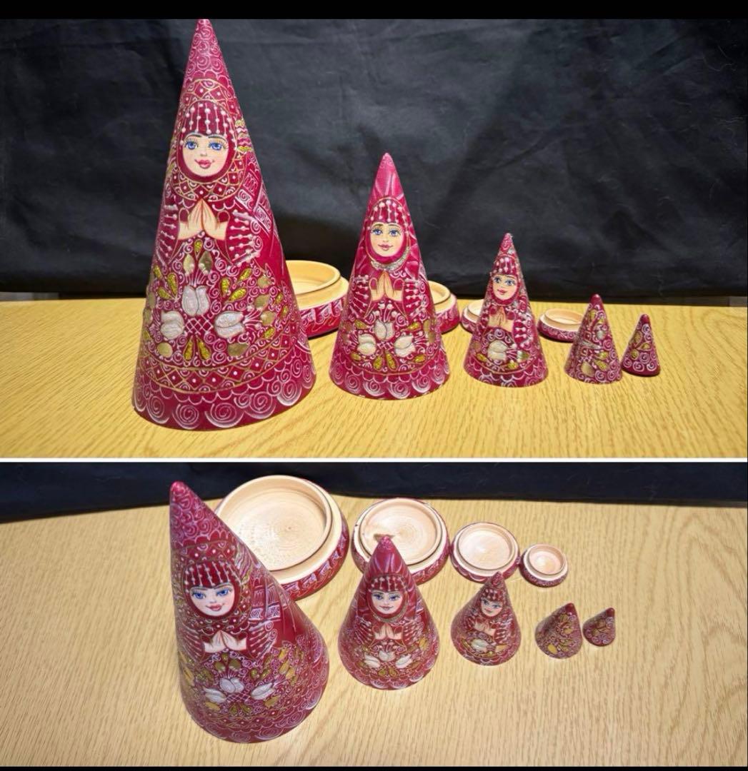 ロシア アーティスト えんじ色三角マトリョーシカ 5体、長期保存、現状