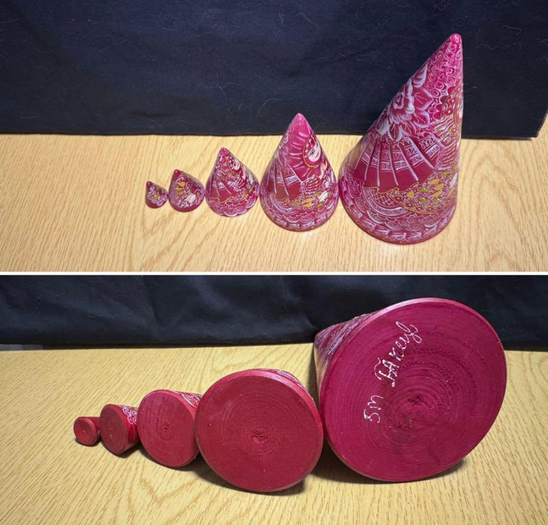 ロシア アーティスト えんじ色三角マトリョーシカ 5体、長期保存、現状