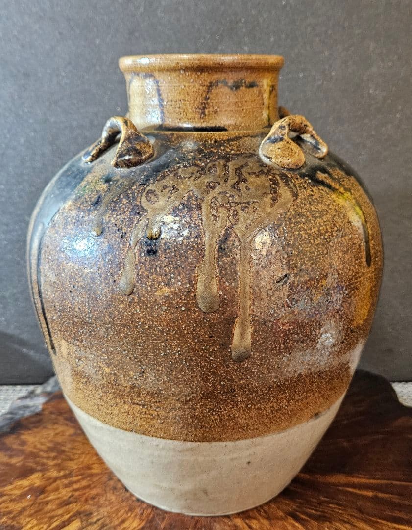 明治時代　古信楽　釉流れ　四耳壺 高 約22.7cm　花入れ　花生け　花器