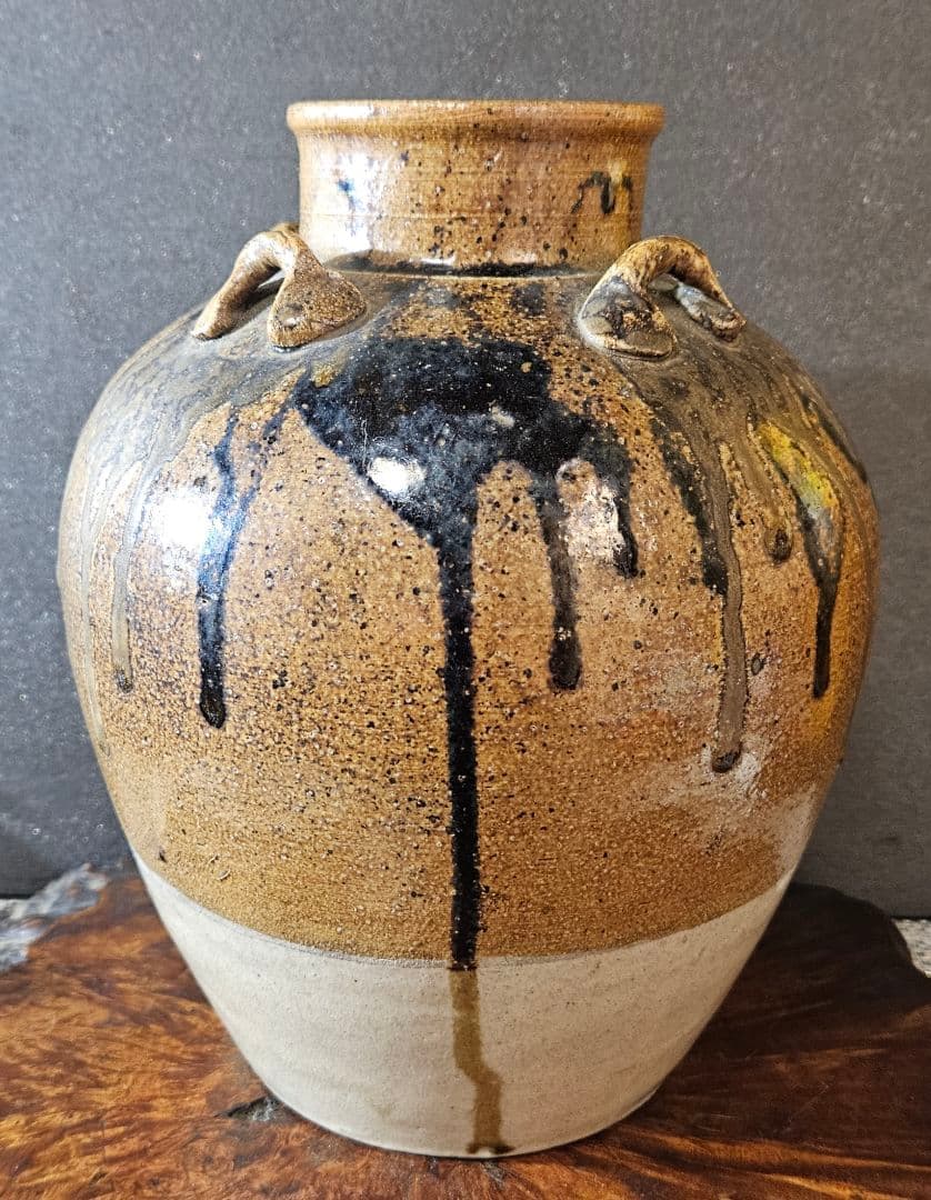 明治時代　古信楽　釉流れ　四耳壺 高 約22.7cm　花入れ　花生け　花器