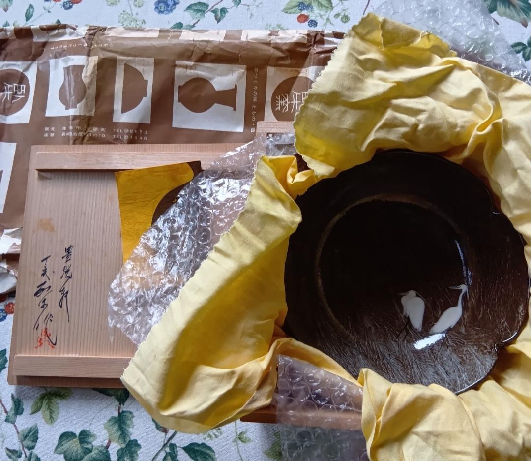 臥牛窯 十三代横石臥牛作 唄川菓子鉢 刷毛白鷺図 現川焼 木箱付き