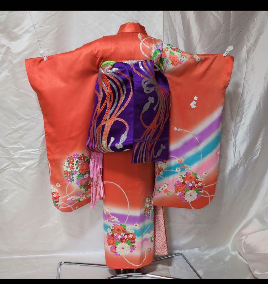 7歳七五三着物 オレンジ色 花柄刺繍付き　全セット