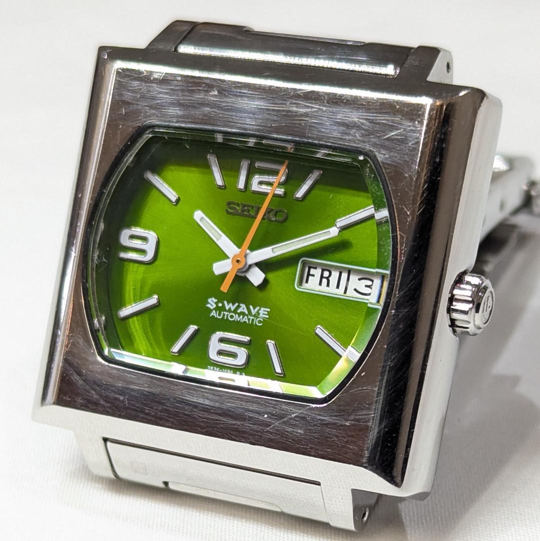 セイコー S-WAVE 自動巻き スクエアケース・稼働品・緑文字盤・デイデイト
