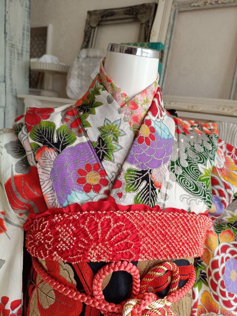 アンティークレトロポップな着物と黒地だらり帯セット