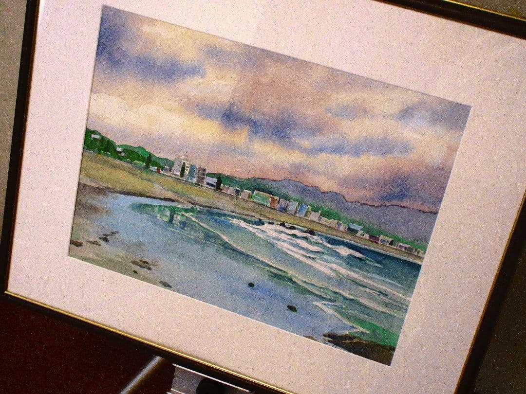 海岸風景 水彩画 額装済み F6サイズ